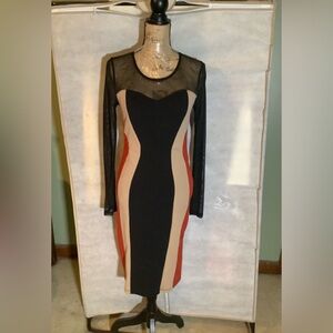 Fashion Dazzle, Black, tan n red color block spandex dress. No Sz Tag (sz10)